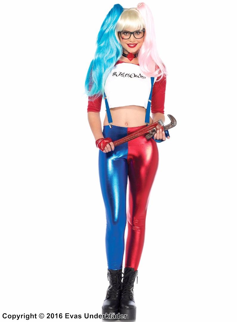 Harley Quinn, top and leggings costume, suspenders, red and blue